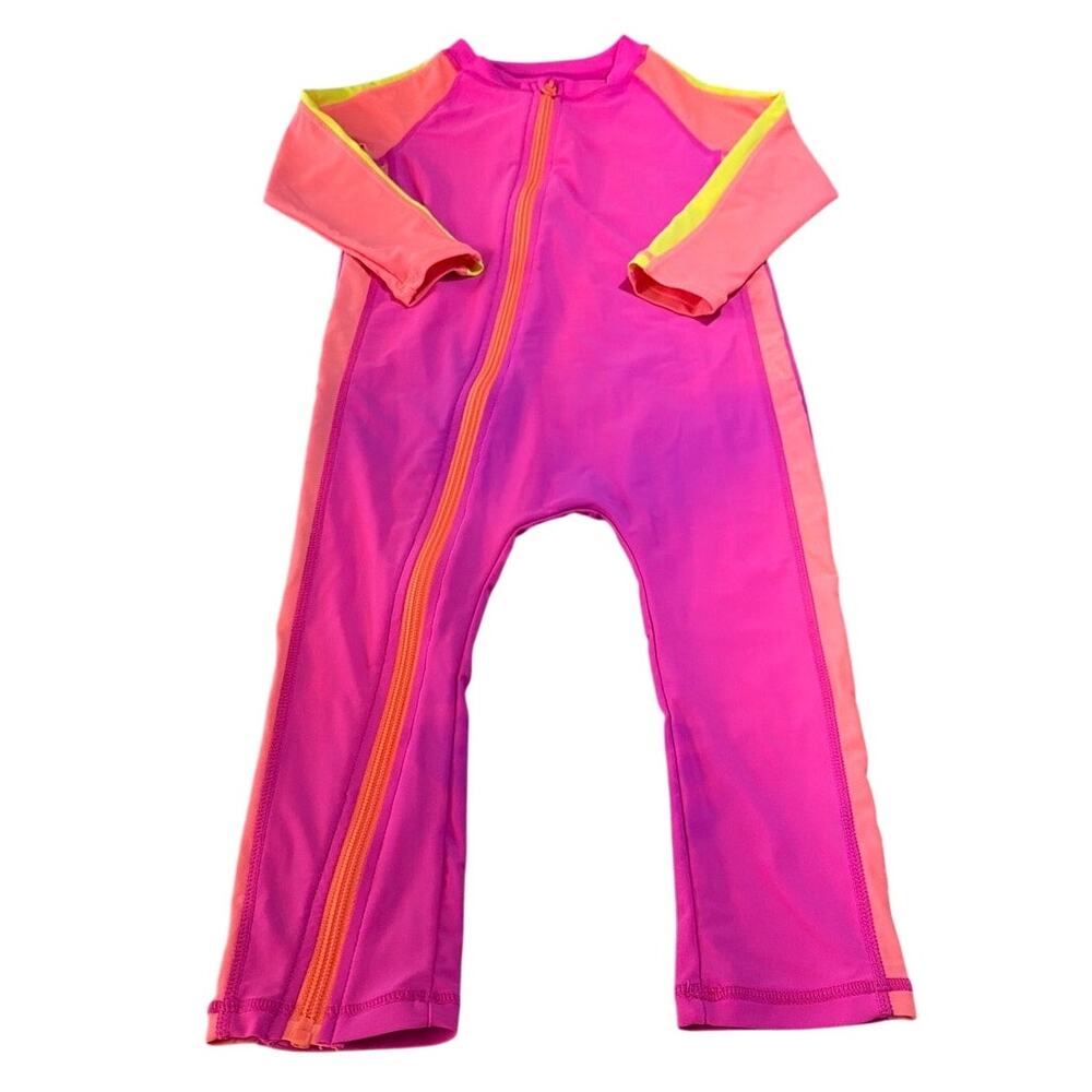 SwimZip Pink Coral Neon Long Sleeve Sunsuit Romper Swimsuit Toddler 3T/4T